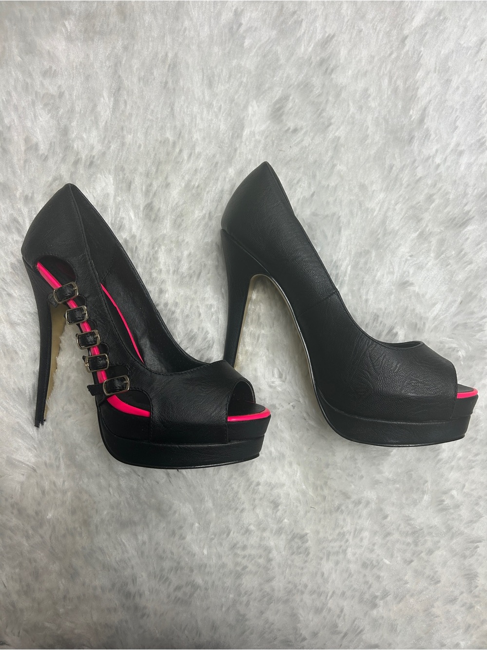 2 BEBE Black and Hot Pink Peep-Toe Platform Pumps